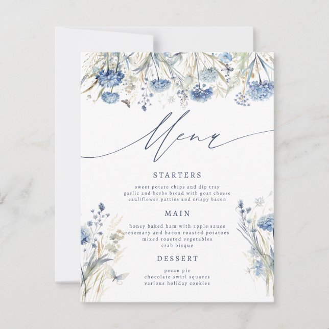 Tarjeta de menú Dusty Blue Wildflower Boda (Anverso)