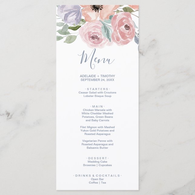 Tarjeta de menú Dusty Rosa Florals (Anverso)