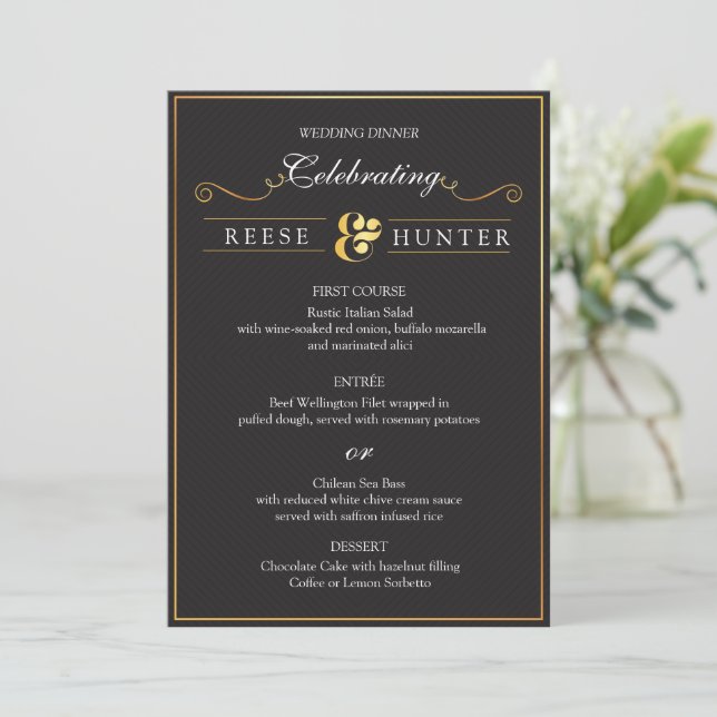 Tarjeta de menú elegante de bodas de oro negro mod (Anverso de pie)