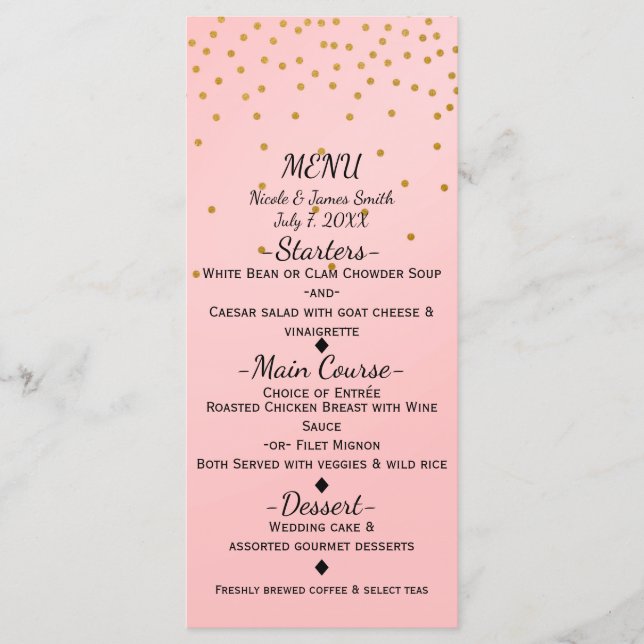 Tarjeta de menú elegante de Confetti de oro pequeñ (Anverso)