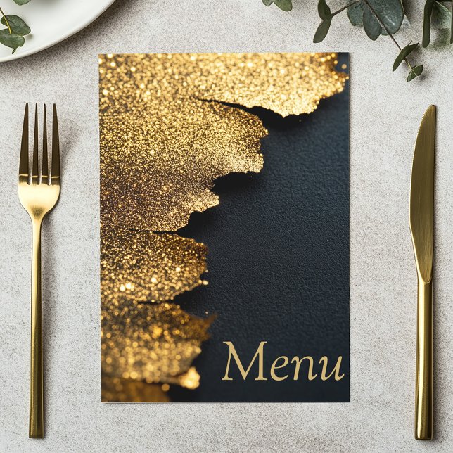 Tarjeta de menú elegante de purpurina dorada y neg (Menu card. Luxurious gold foil texture effect with a sleek black background and elegant gold text)