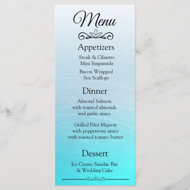 Tarjeta de menú elegante decorativa Aqua Blue Boda (Anverso)