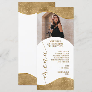Tarjeta de menú elegante en blanco y dorado con fo