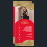 Tarjeta de menú elegante en rojo y dorado con foto<br><div class="desc">La tarjeta de menú presenta bordes dorados exquisitos y un diseño rojo atrevido que añaden un toque elegante a su evento especial. Con espacio amplio para agregar una foto del homenajeado(s), esta tarjeta de menú es perfecta para agregar un toque personal a su celebración. Ya sea que esté organizando una...</div>