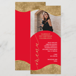 Tarjeta de menú elegante en rojo y dorado con foto