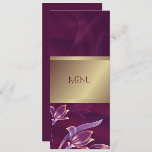 Tarjeta de menú elegante floral burgundy | oro (Anverso / Reverso)