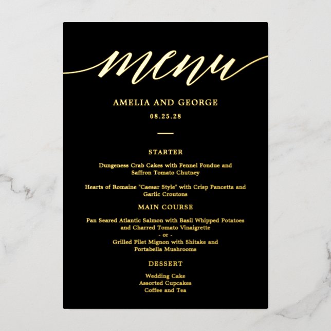 Tarjeta de menú elegante REAL FOIL de guión modern (Anverso)