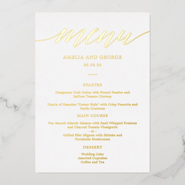 Tarjeta de menú elegante REAL FOIL de guión modern (Anverso)