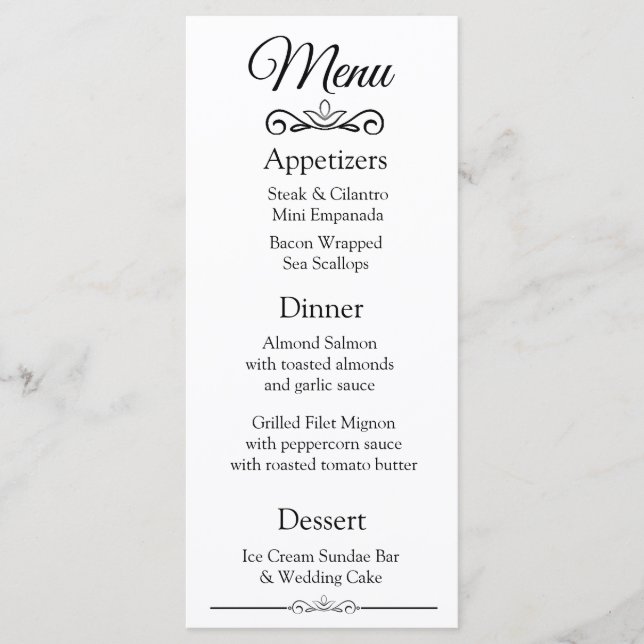 Tarjeta de menú elegante y decorativa del Boda bla (Anverso)