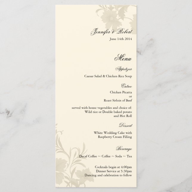 Tarjeta de menú Embassy Floral Ecru Creme Boda (Anverso)