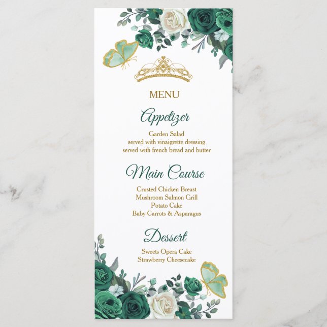 Tarjeta de menú Emerald Green Quinceañera (Anverso)