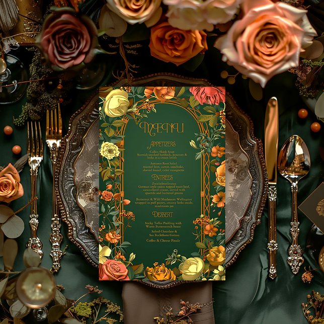 Tarjeta de menú encantada del Boda de otoño - coli (Druid Hills Woodland Floral Wedding Menu)