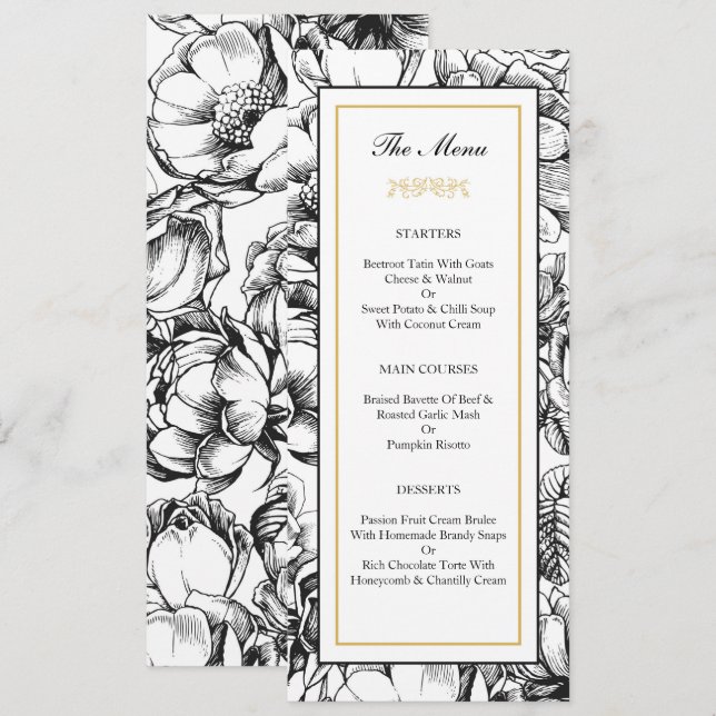 Tarjeta de menú Fiesta de Bodas Elegantes en Negro (Anverso / Reverso)