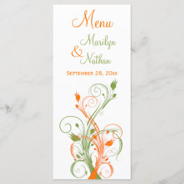 Tarjeta de menú floral blanca, verde y naranja
