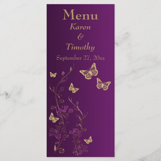 Tarjeta de menú floral con mariposa morada y dorad (Anverso)