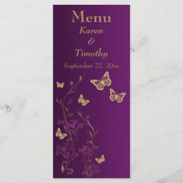 Tarjeta de menú floral con mariposa morada y dorad