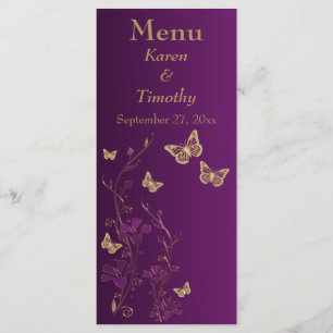 Tarjeta de menú floral con mariposa morada y dorad