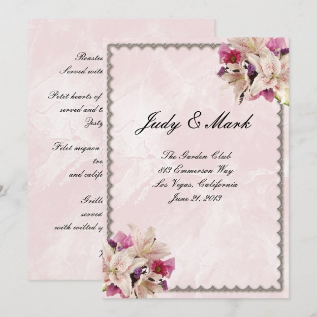 Tarjeta de menú floral de lirio blanco mármol rosa (Anverso / Reverso)