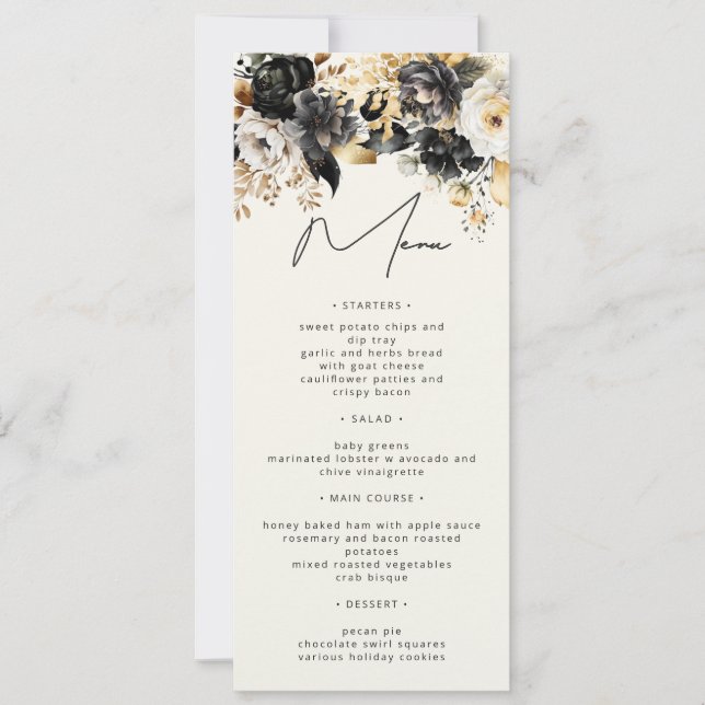 Tarjeta de menú floral de lujo en oro negro (Anverso)