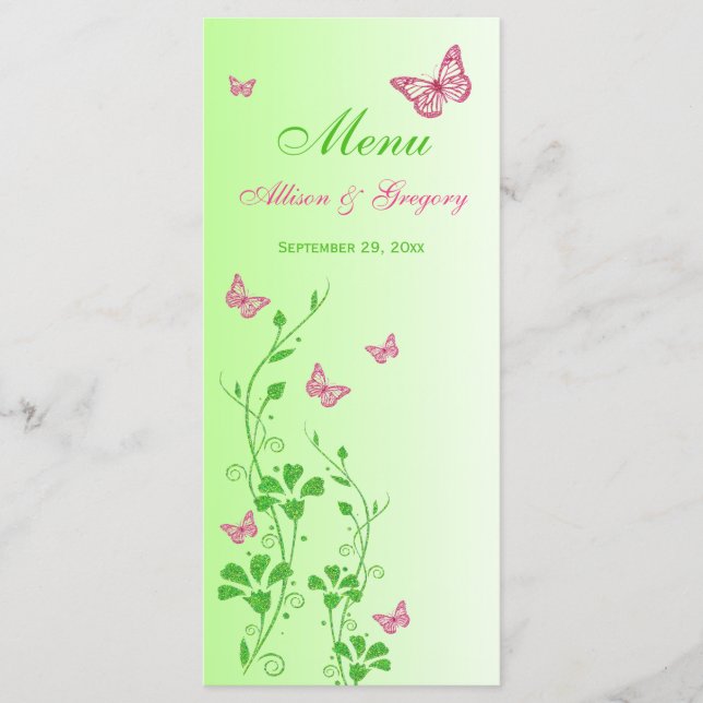 Tarjeta de menú floral de mariposa verde rosa (Anverso)