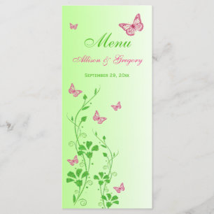 Tarjeta de menú floral de mariposa verde rosa
