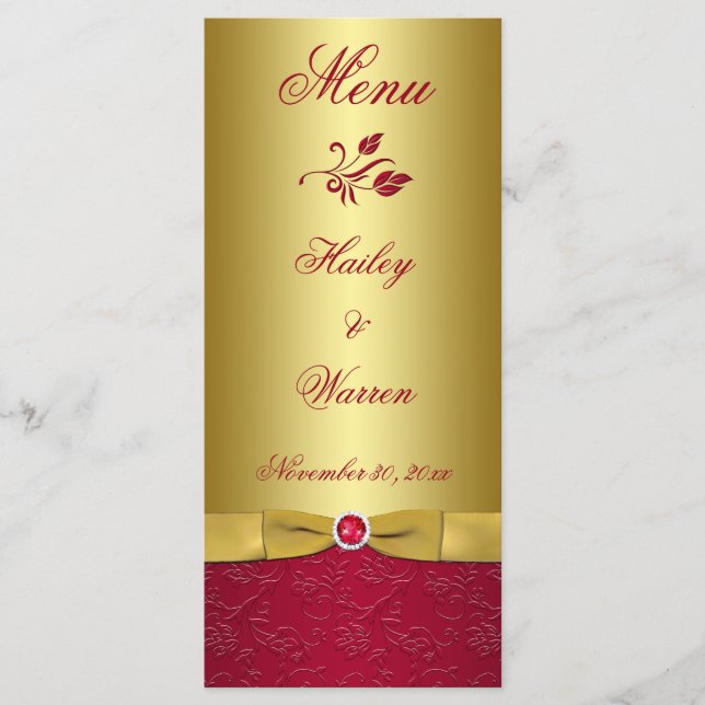 Tarjeta de menú floral Gold RIBBON Red (Anverso)
