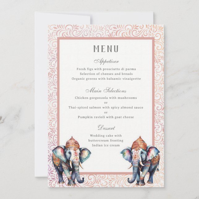 Tarjeta de menú Floral Indian Boda Elephant (Anverso)