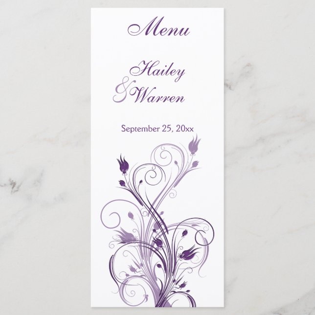 Tarjeta de menú Floral morada y blanca (Anverso)