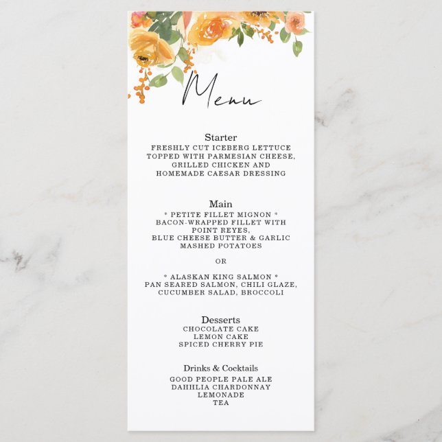 Tarjeta de menú floral naranja (Anverso)