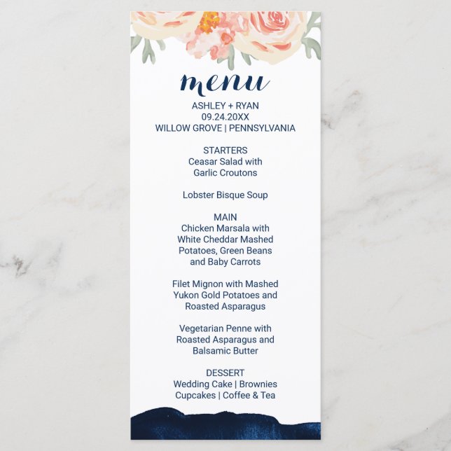 Tarjeta de menú Floral Peach and Navy Watercolour  (Anverso)