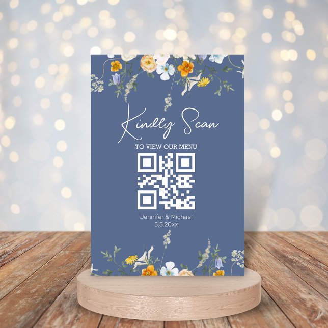 tarjeta de menú floral qr código azul nova boda mo (Subido por el creador)