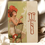 Tarjeta de menú floral roja Art Nouveau Boda<br><div class="desc">Trae elegancia intemporal a tu mesa boda con esta carta de inspiración Art Nouveau. Con una figura llamativa adornada con un audaz cabecero de flores rojas y sentado en una silla verde vintage, el diseño desprende elegancia y encanto. El suave fondo crema y verde sabio equilibran armoniosamente los vibrantes acentos...</div>