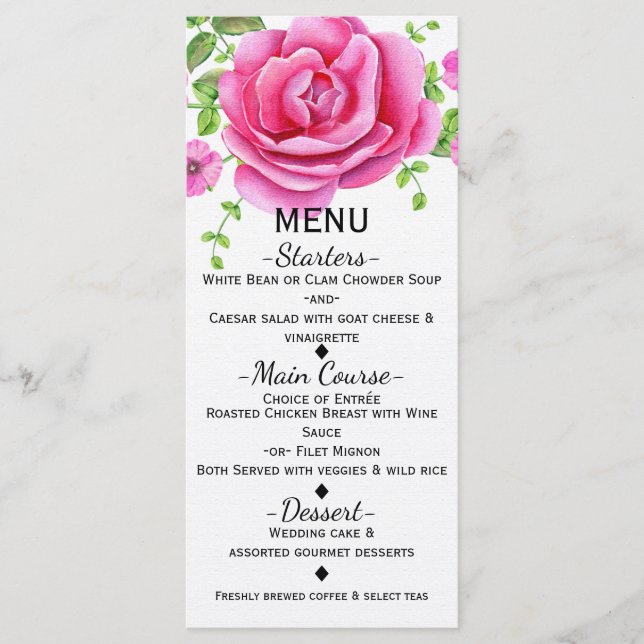 Tarjeta de menú floral rosa shabby chic (Anverso)