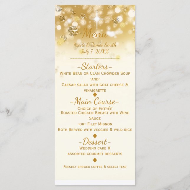 Tarjeta de menú Glam elegante con luces brillantes (Anverso)