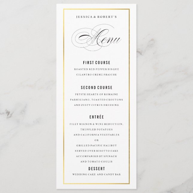 Tarjeta de menú Gold Border Elegant Wedding (Anverso)