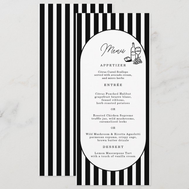 Tarjeta de menú larga de boda con rayas blancas y  (Anverso / Reverso)