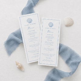 Tarjeta de menú larga para boda costera azul minim