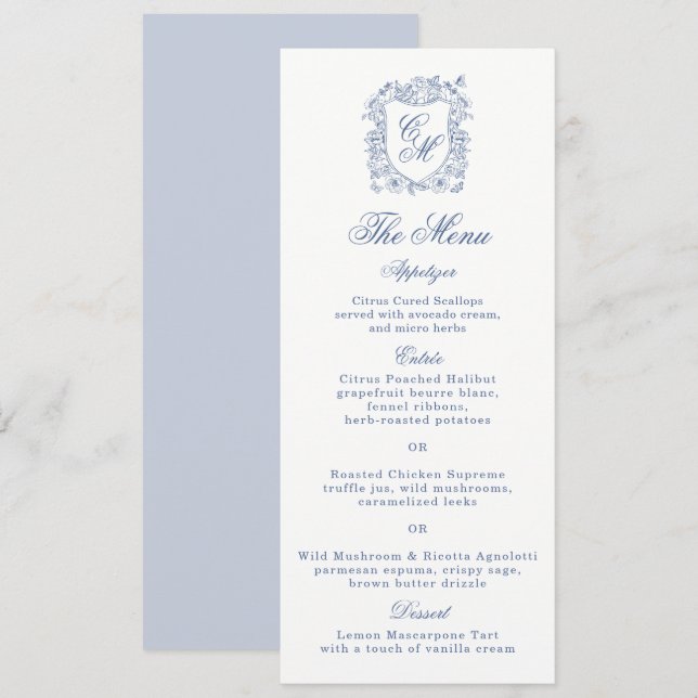 Tarjeta de menú largo de boda con cresta floral vi (Anverso / Reverso)