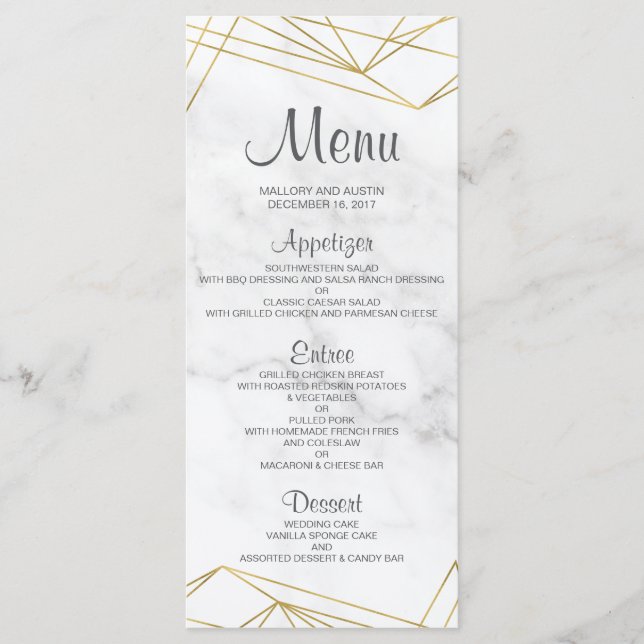 Tarjeta de menú Marble Geométrico Elegante de Boda (Anverso)