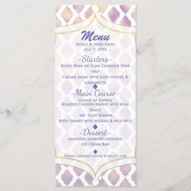 Tarjeta de menú marroquí moderna morada dorada y b (Anverso)