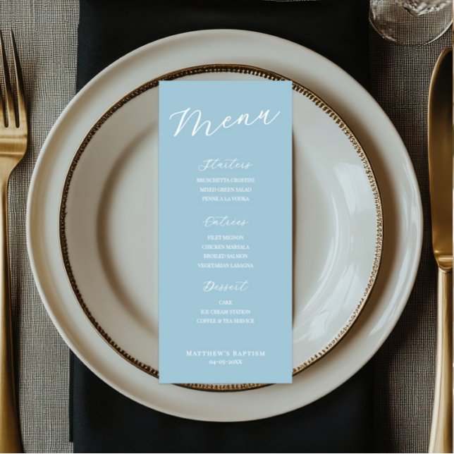 Tarjeta de menú minimalista azul claro (light blue baptism menu card, boy baptism menu sign, minimalist baptism menu, script reception menu)