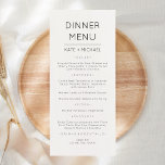 Tarjeta de menú minimalista moderno y elegante<br><div class="desc">Boda moderna y elegante, menú Fiesta o aniversario. Un diseño elegante en blanco y negro o cualquier color de fondo que elija. Simplemente haga clic en el enlace personalizar adicional, que se muestra bajo el área de personalización de texto a la derecha, y elija el fondo de color personalizado. Esta...</div>