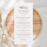 Tarjeta de menú minimalista moderno y elegante<br><div class="desc">Boda moderna y elegante, menú Fiesta o aniversario. Un diseño elegante en blanco y negro o cualquier color de fondo que elija. Simplemente haga clic en el enlace personalizar adicional, que se muestra bajo el área de personalización de texto a la derecha, y elija el fondo de color personalizado. Esta...</div>