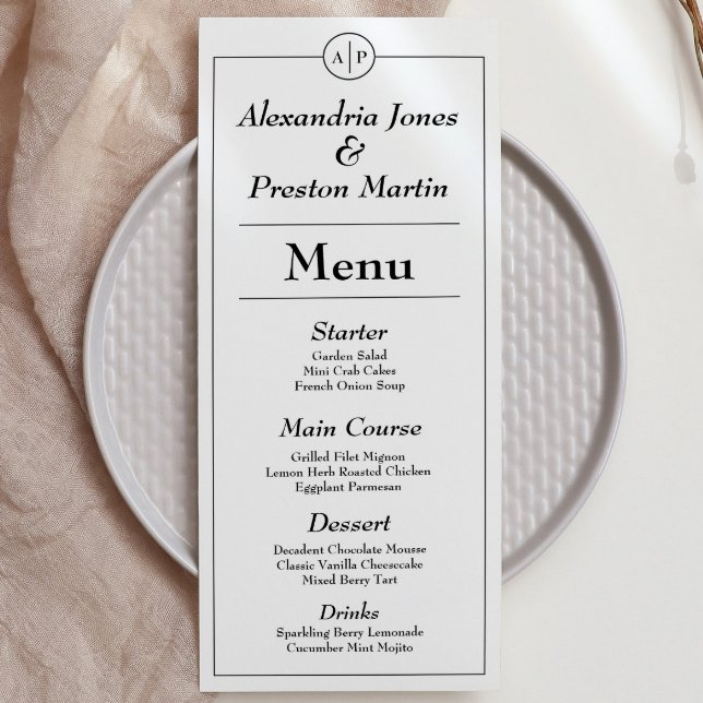 Tarjeta de menú Mínimo de Monograma Blanco y Negro (simple and modern, this black and white monogram menu is an elegant personal touch to your wedding)