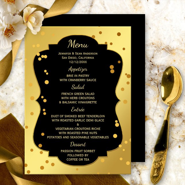 Tarjeta de menú moda de oro y confetti negro (A festive and elegant menu card featuring gold confetti on a gold and black background)