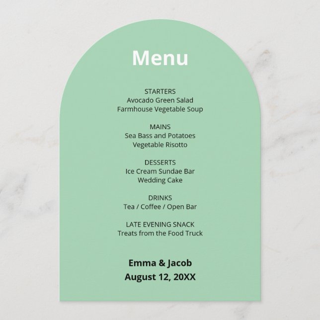 Tarjeta de menú moderna de Boda verde de menta (Anverso)