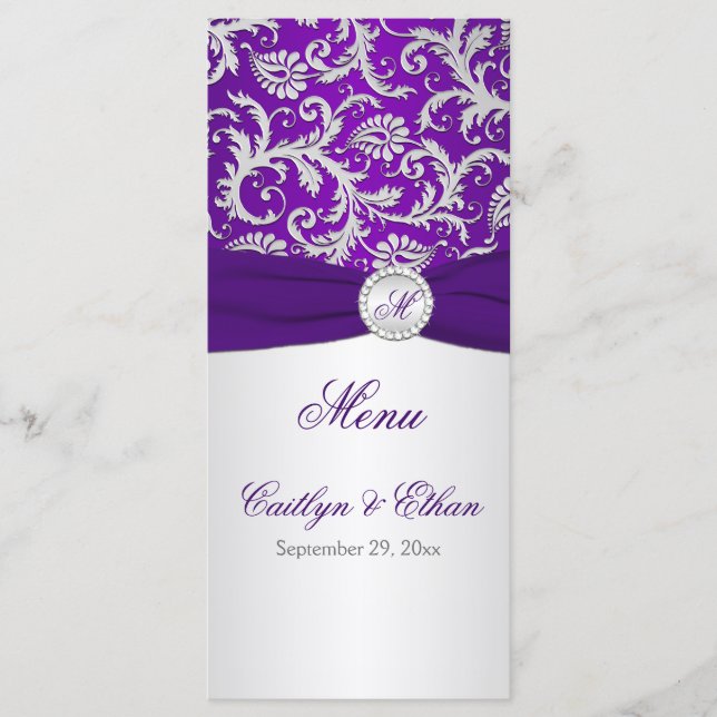 Tarjeta de menú Monograma Morado y Plata Damask (Anverso)