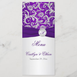 Tarjeta de menú Monograma Morado y Plata Damask