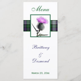 Tarjeta de menú morado, verde, blanco, tartán y si