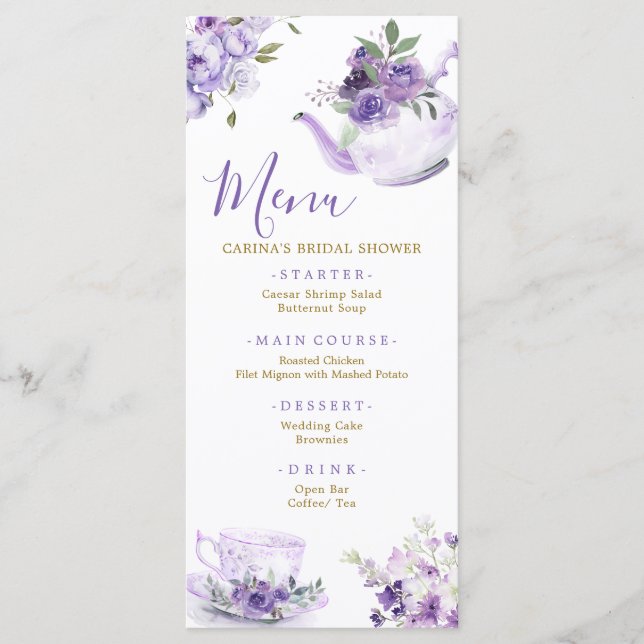Tarjeta de menú Morple Floral Bridal Shower Tea (Anverso)